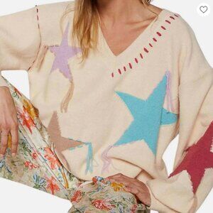 POL Patchwork Star Sweater - Beige V Neck Thick Knit Size Medium